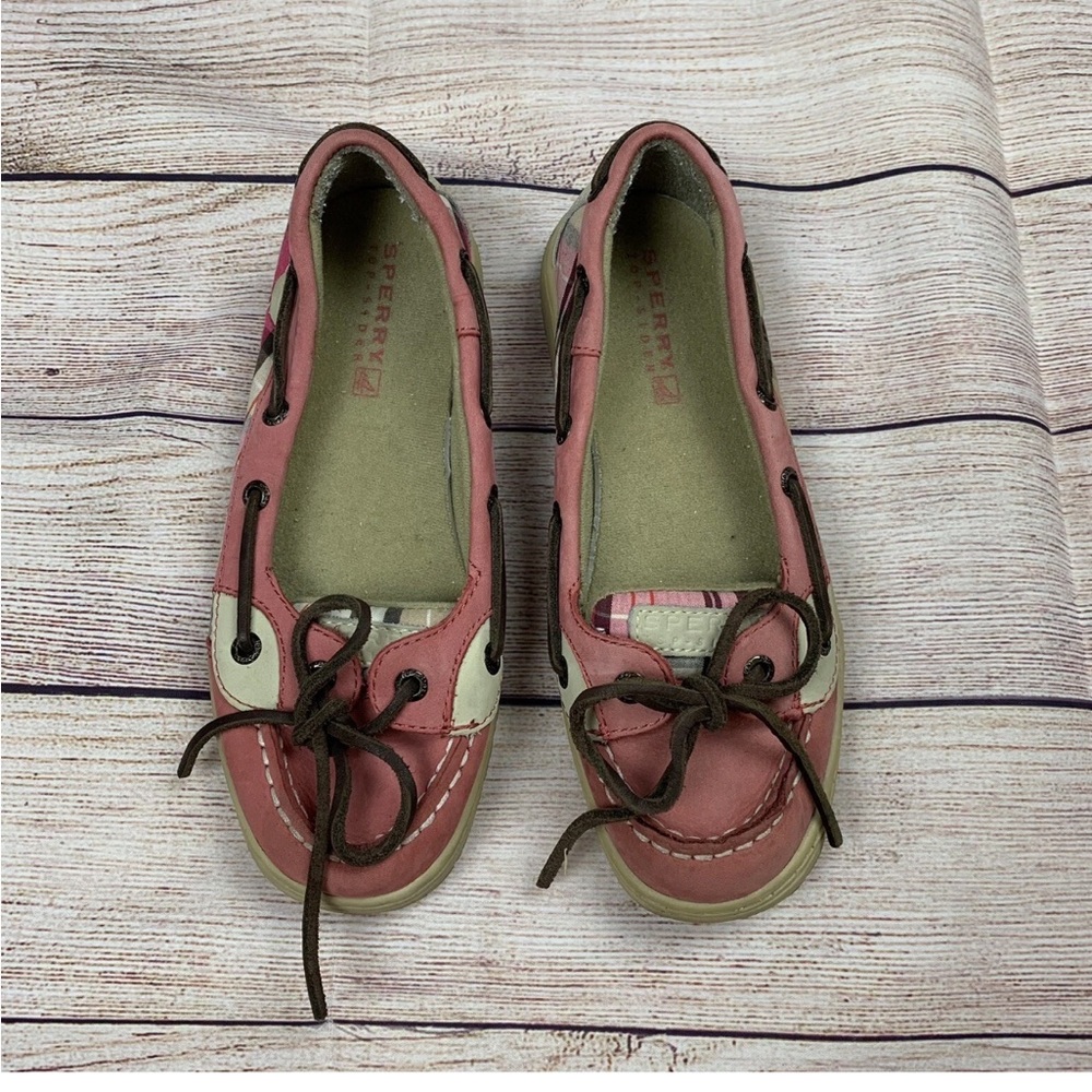 Sperry Top-Sider Girls Size 2M Angelfish Pink Leather Plaid Canvas Boat Shoes